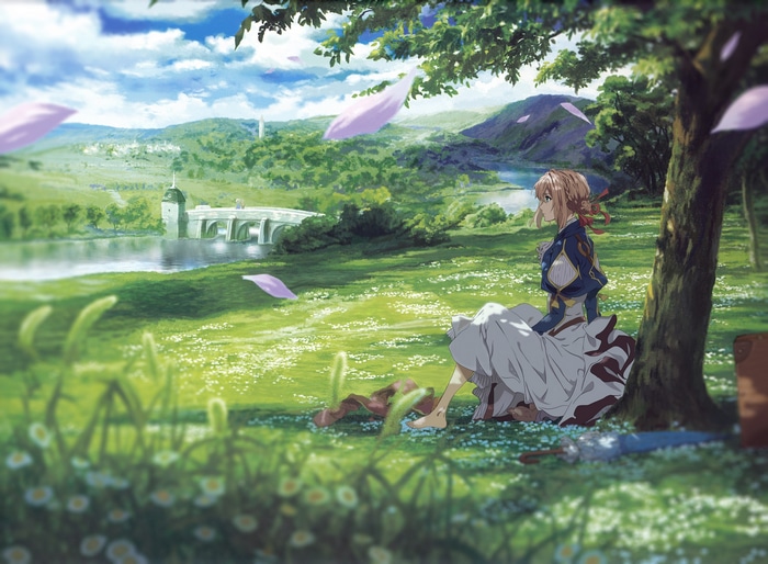 Violet Evergarden sitting under a tree by a river