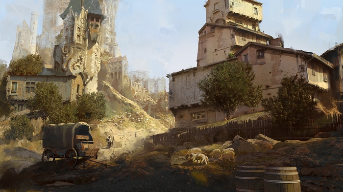 Covered wagon and buildings in a medieval village