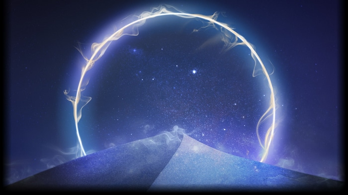 Glowing ring over starry space and pyramid