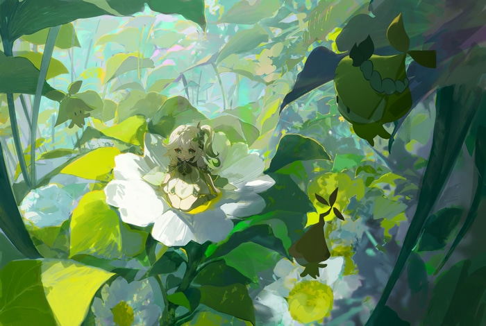 Nahida and Aranara in a lush green forest