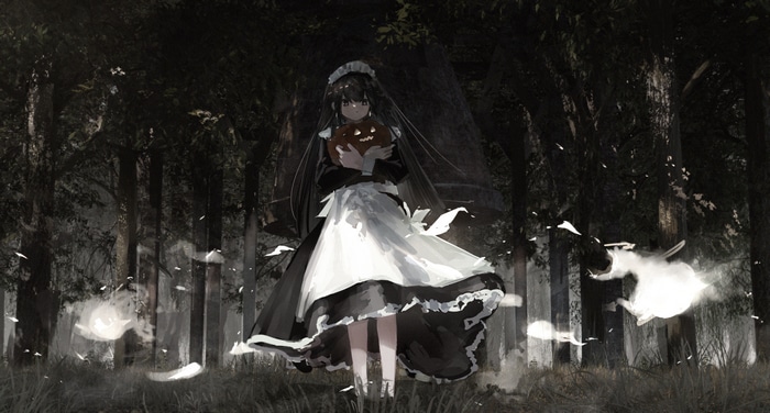 Maid holding a pumpkin in a dark forest