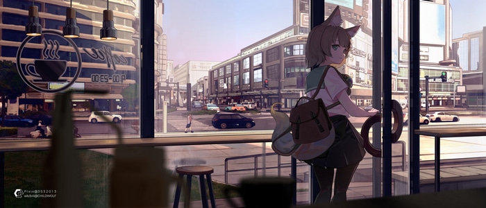 Cat girl in a coffee house looking out a window