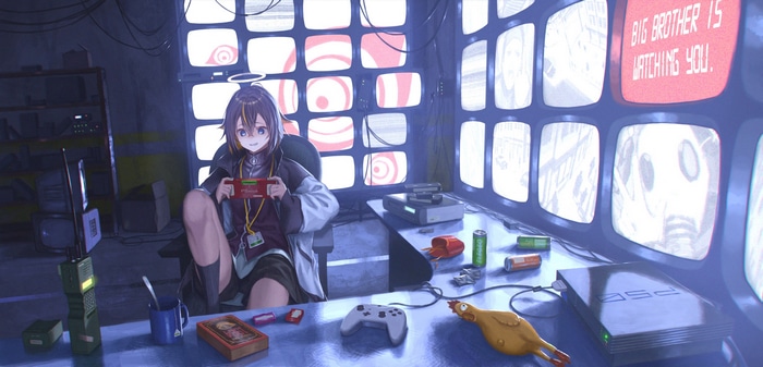 Girl playing video games in a room full of monitors