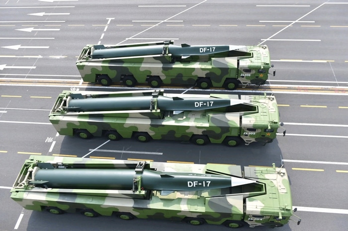 Three DF-17 hypersonic missiles on military vehicles