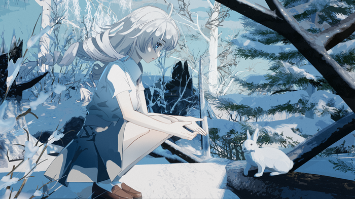 Girl and rabbit in a snowy forest