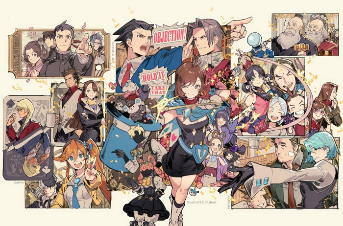 Ace Attorney characters in a celebratory illustration