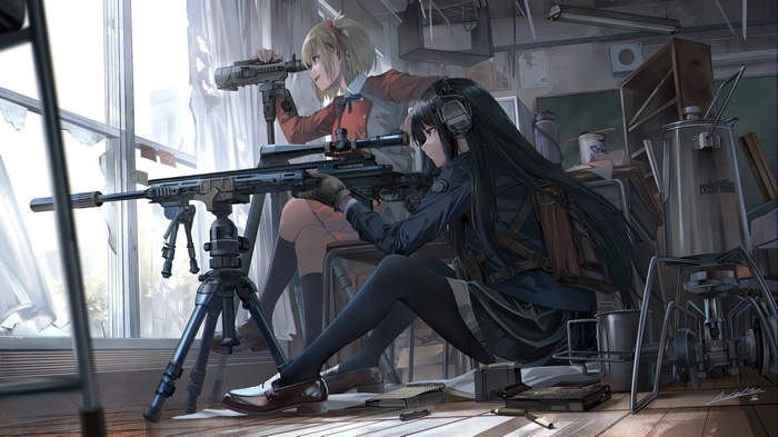 Lycoris Recoil: Chisato and Takina with sniper rifles