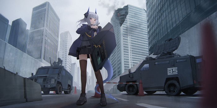 Arknights Liskarm with Shield in City