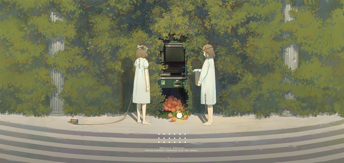 Two girls by a vending machine with flowers