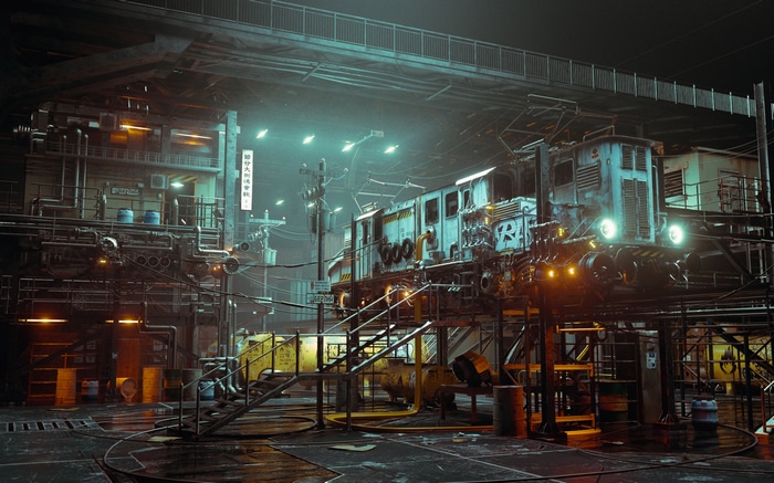 Cyberpunk train station with glowing lights and pipes