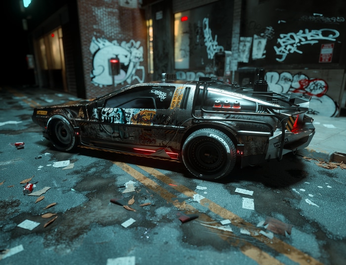 Cyberpunk DeLorean car covered in graffiti in a messy alley