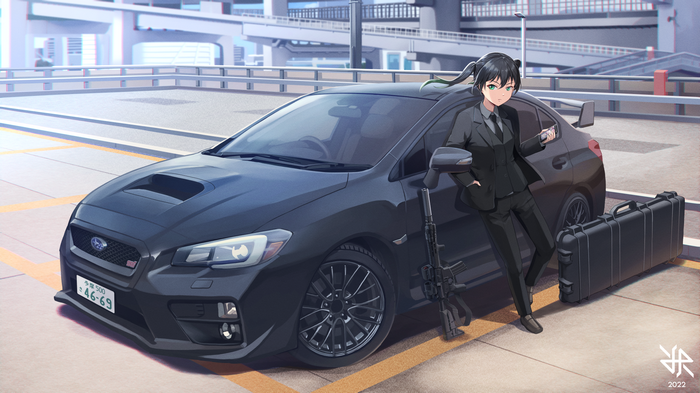 Girl in suit with Subaru WRX STI and rifle
