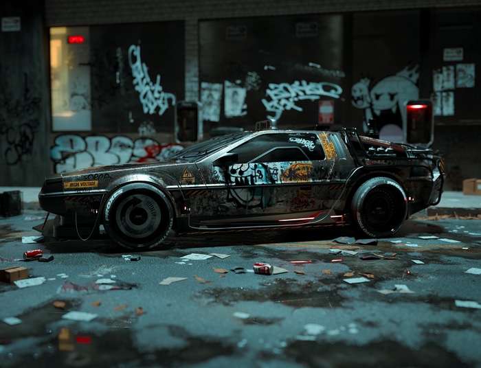 Graffiti-covered DeLorean car in a messy alley