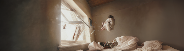 4K Ultrawide Oil Painting of a Woman Levitating in a Bedroom