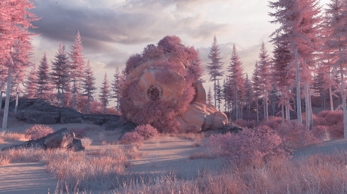3D abstract trees and rocks in a surreal landscape