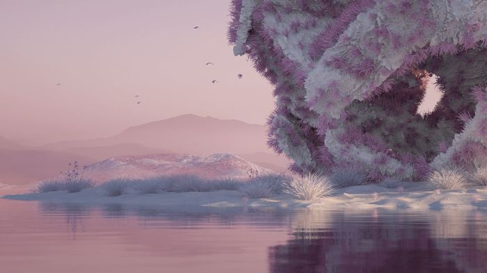 3D abstract landscape with pink and white flora and water reflection