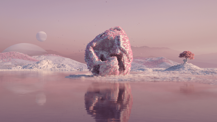 3D Abstract Landscape with Pink Trees and Water Reflection
