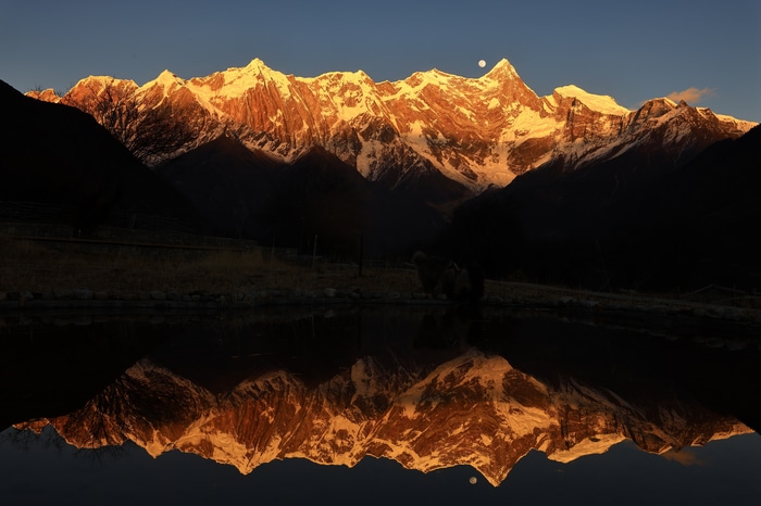 Snowy Peaks in Tibet Reflecting in Water at Sunset