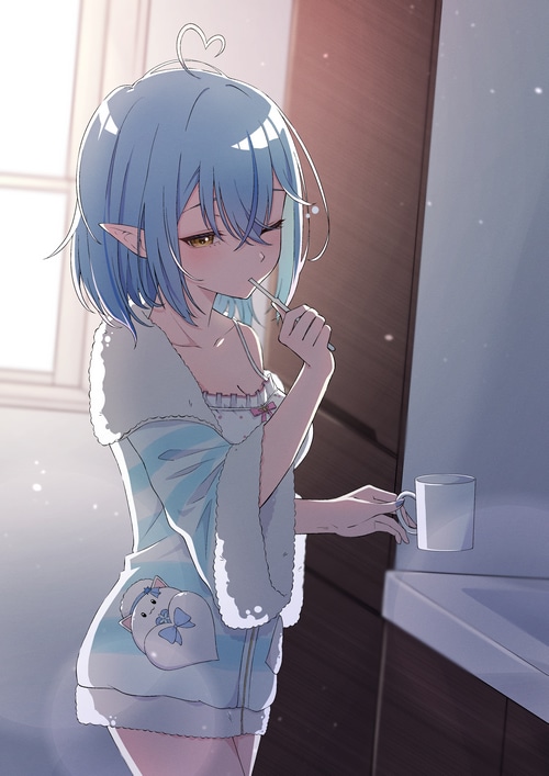 Girl with blue hair brushing teeth in sunlight
