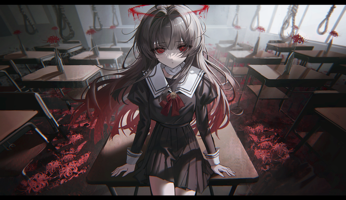 Girl with demon eyes in a classroom with nooses