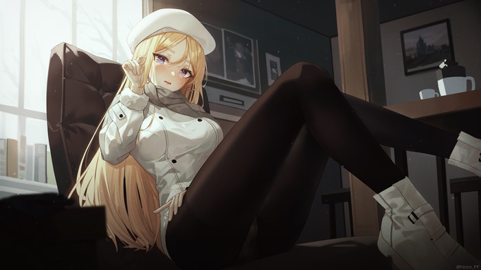 4K blonde girl in uniform with scarf and hat