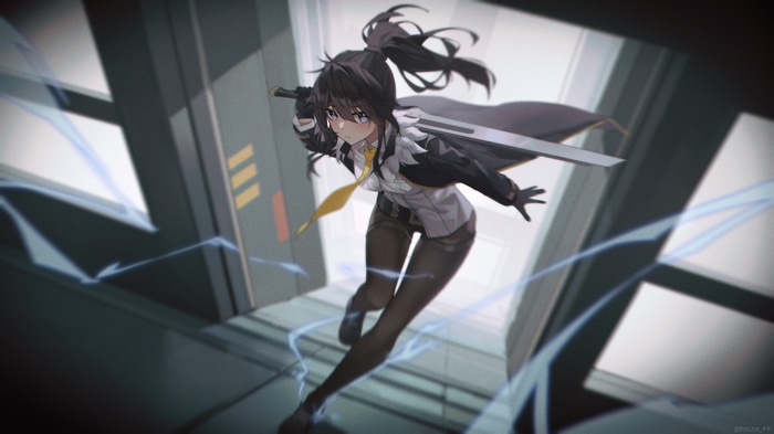 Girl with ponytail running with a sword