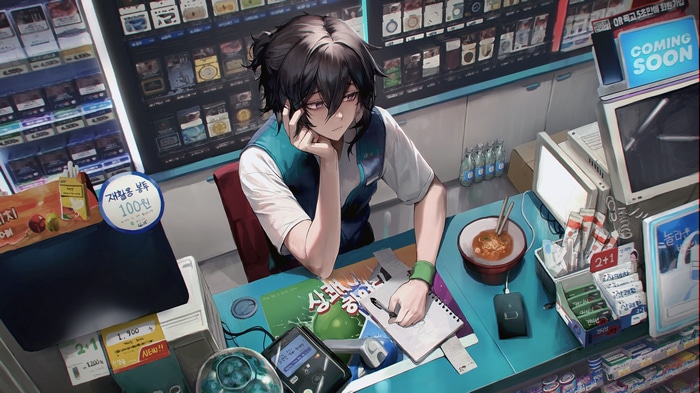 Anime boy working at a convenience store