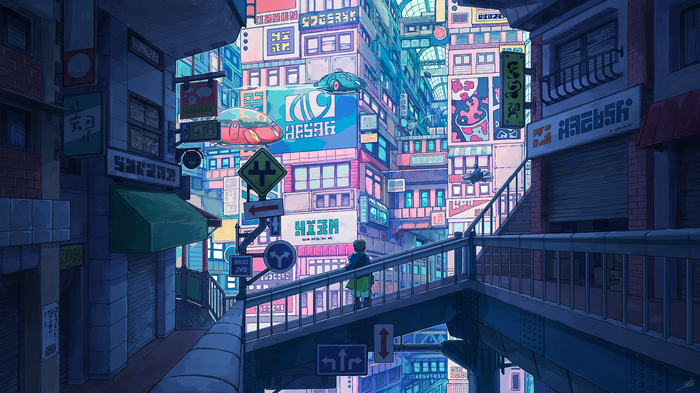 Futuristic city with flying cars and advertisements