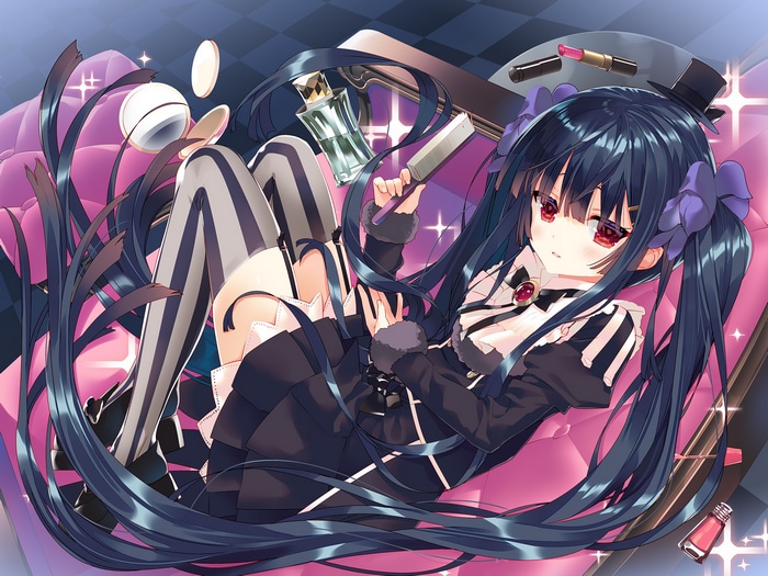 Girl with twintails and red eyes applying makeup