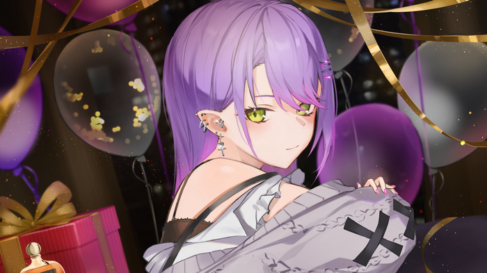 Tokoyami Towa with Purple Hair and Green Eyes