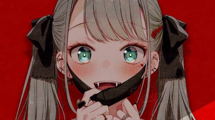 Girl with pointy teeth and mask on red background