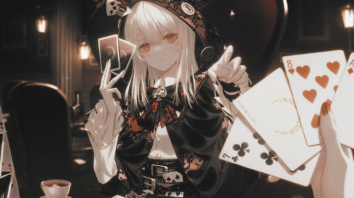 Anime girl with blonde hair and red eyes playing cards