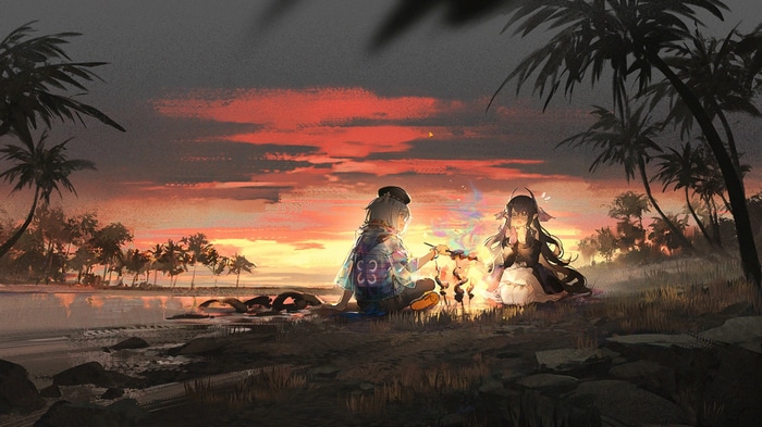 Arknights: Mizuki and friend by a campfire at sunset