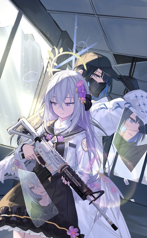 Saori and Azusa with guns in Blue Archive