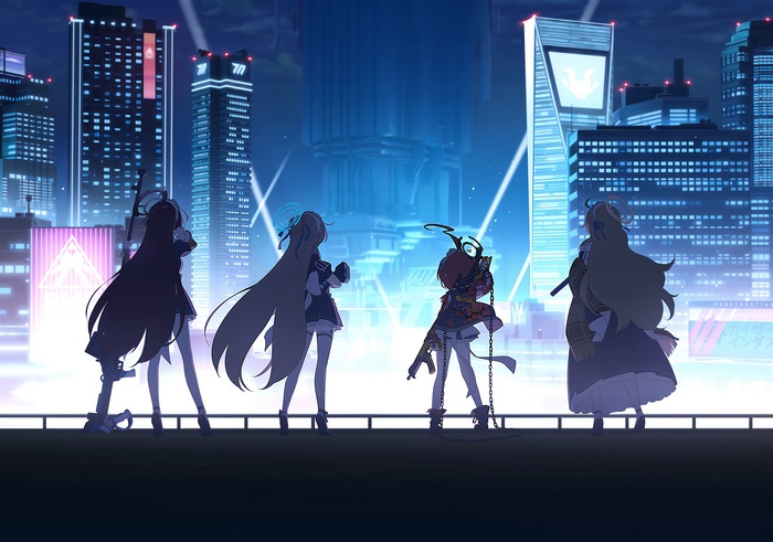 Blue Archive Girls with Guns in a Neon City at Night