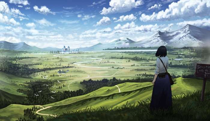 Girl looking at a castle in a valley with snowy mountains