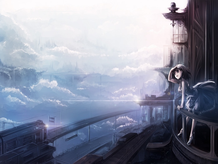Girl on balcony overlooking a futuristic city with trains