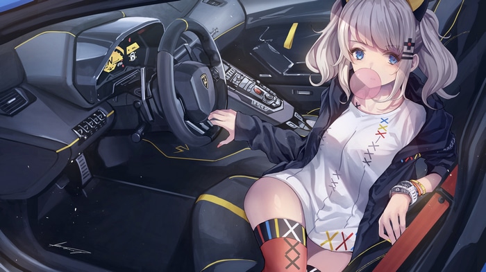 Anime girl with blonde twintails in a Lamborghini interior