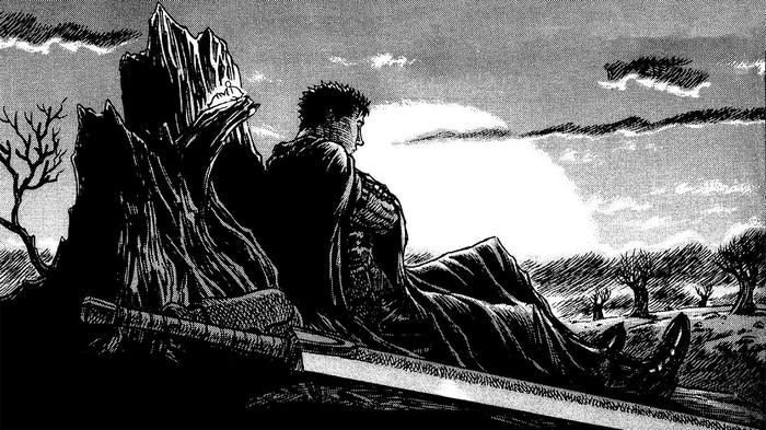Guts sitting with his sword in Berserk