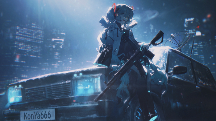 Girl with gun leaning on a car in a snowy city at night