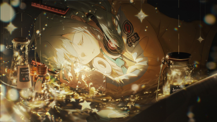 Hatsune Miku sleeping with glowing stars and jars