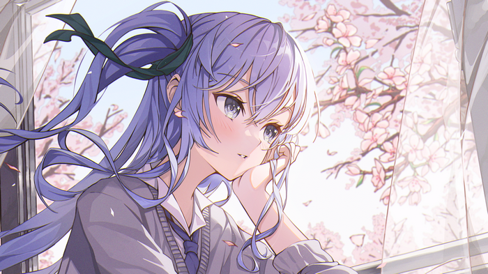 Girl with purple hair and blue eyes by the window