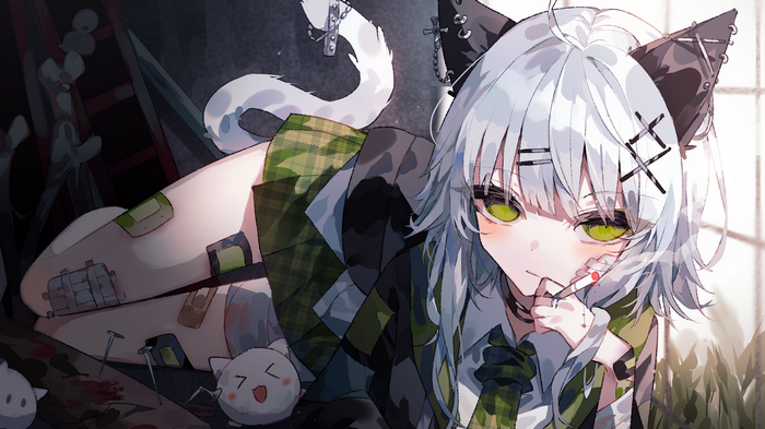 Cat girl with silver hair smoking a cigarette