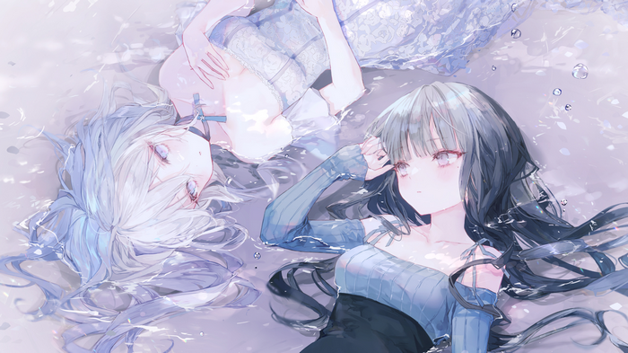 Two anime girls lying in water with white and black hair