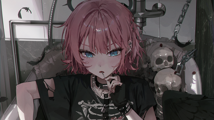 Girl with pink hair and blue eyes holding a lollipop