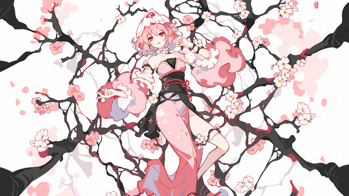 Touhou Saigyouji Yuyuko with pink hair and flowers