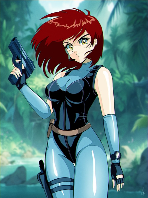 Anime woman with red hair holding a pistol