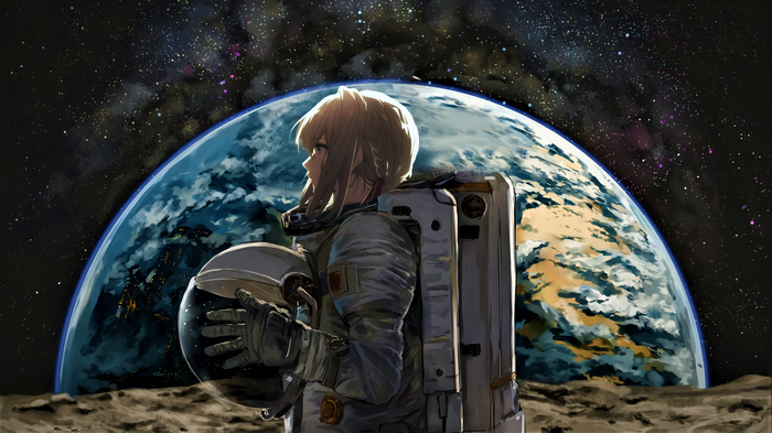 Violet Evergarden in a spacesuit on the moon with Earth in the background