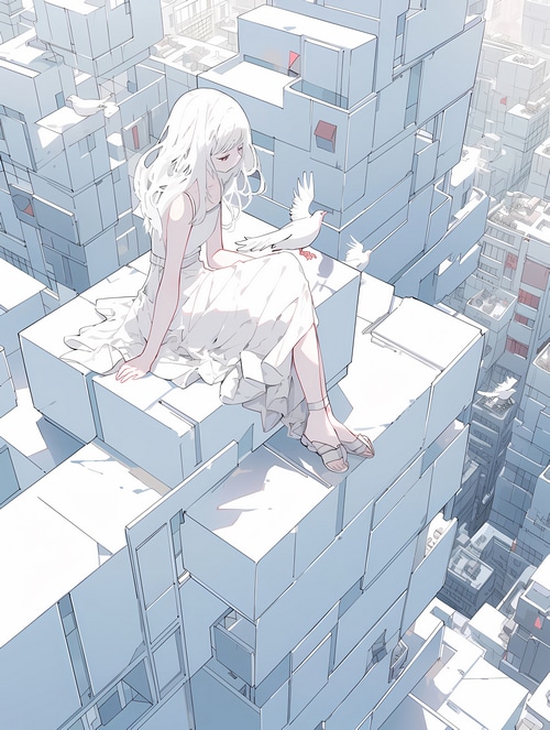 Anime girl in white dress with birds on rooftops