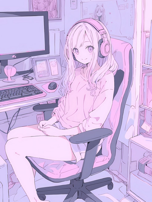 Girl with headphones sitting at a computer